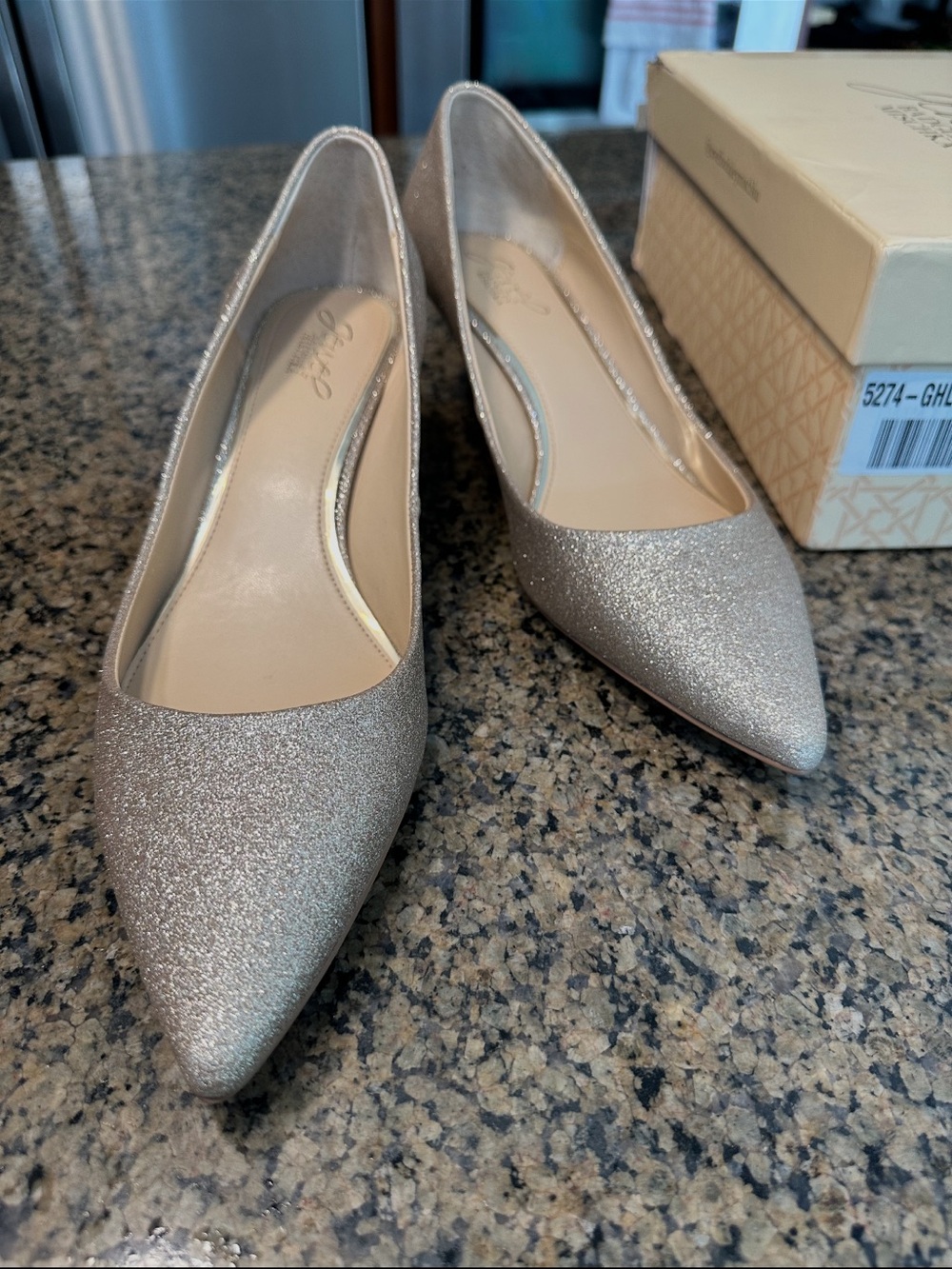 Jewel Badgley Mischka Glitter Pointed-Toe Pumps in Champagne Gold